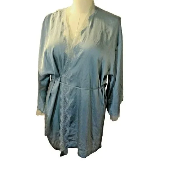Victoria's Secret Pre-Loved M/L Lace Trim Polyester Short Sage Green Robe Kimono - Picture 7 of 12